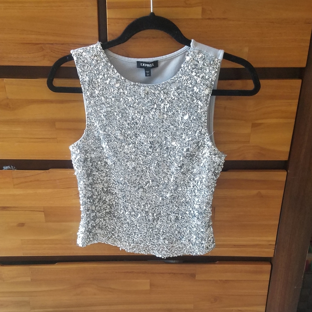 Express SEQUINED tank silver gray knit back embellished silver sequins